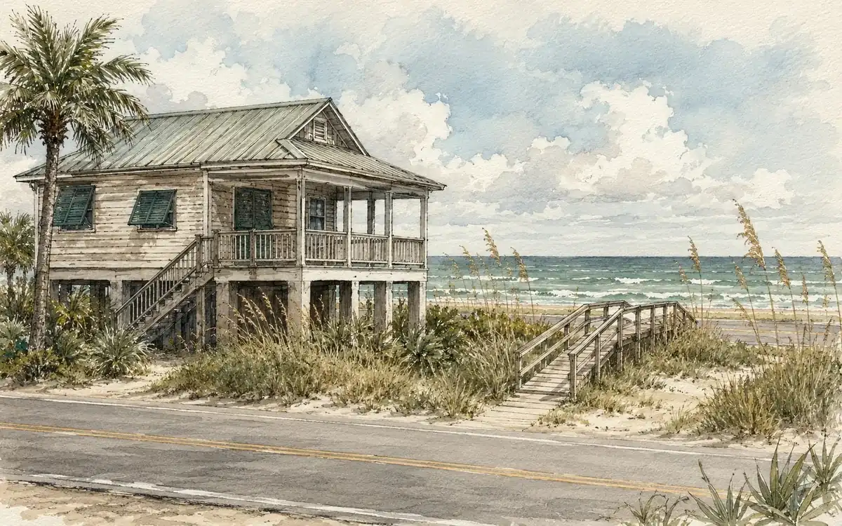 Watercolor of a raised wooden beach house with green shutters beside the dunes, the ocean behind it and the road in front